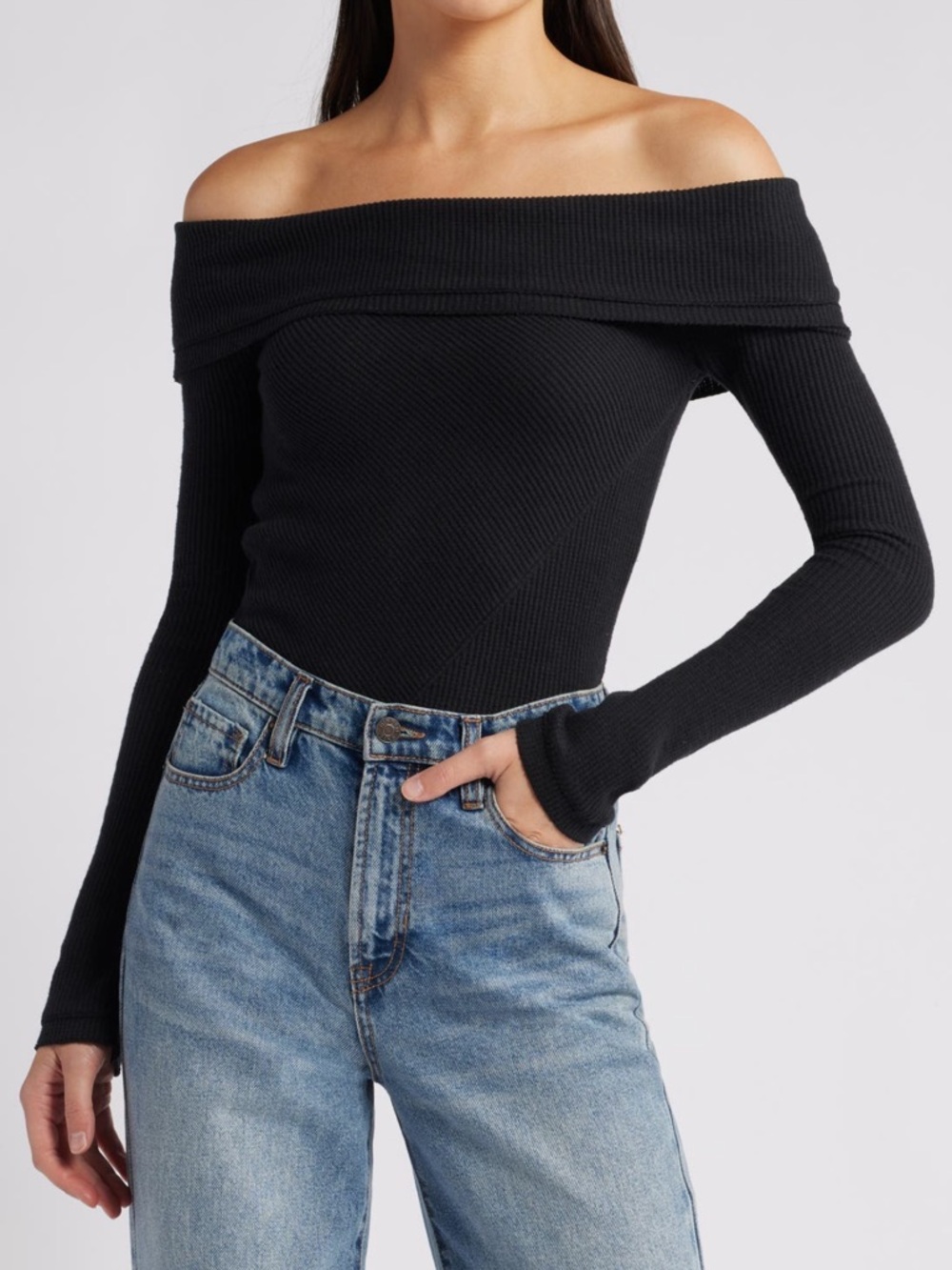 Lemlem Black Off-Shoulder Ribbed Knit Sweater